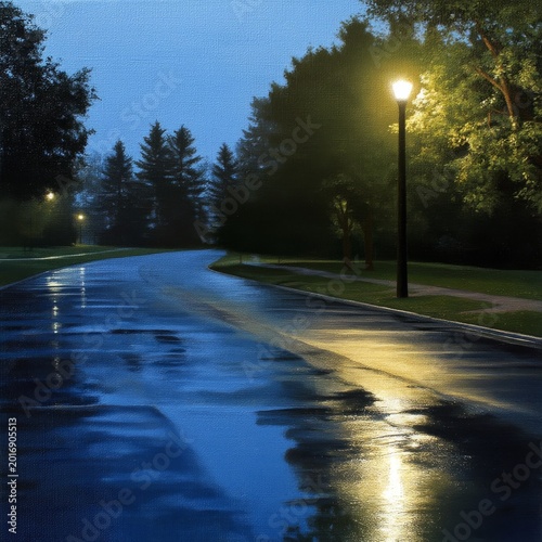 Street and Park at Night After Rain With Street Lights Shining on Wet Pavement