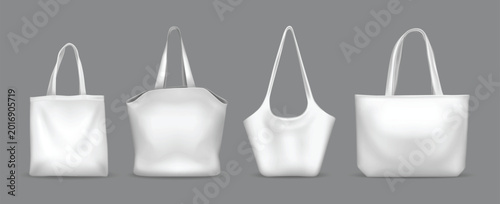 White canvas tote bag mockups, realistic 3D reusable shopping bags with handles for eco retail branding, fashion boutique, grocery, beach and promotional merchandise. Vector set