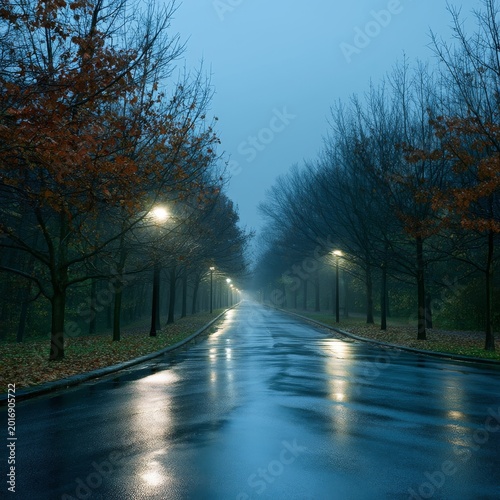Fog Covers Empty Road With Wet Pavement and Street Lights at Night in a Quiet...