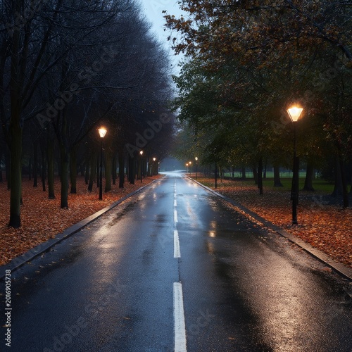 Fog Covers Empty Road With Wet Pavement and Street Lights at Night in a Quiet...