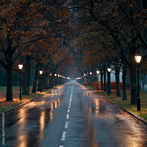 Rain-soaked Road Lined With Trees and Lamps in a Park During Autumn Evening