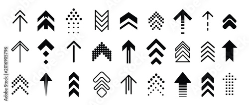 Swipe up arrow icons with black upward direction symbols, chevrons, dotted pointers and upload signs for navigation, app interface, ranking, growth and infographic design. Vector set