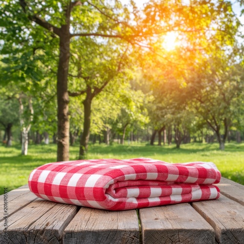 Picnic Blanket Placed on Wooden Table in Park Under Sunlight in Afternoon