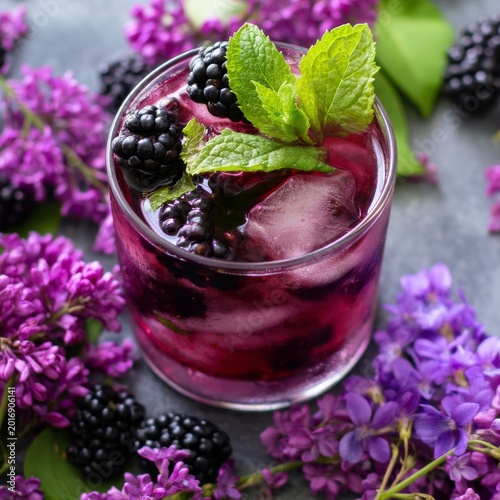 Refreshing Drink With Blackberries Surrounded by Lilac Flowers in an Outdoor ...