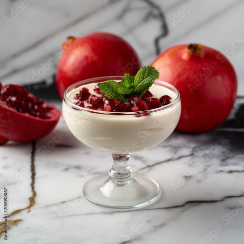 A Glass Cup Holds Yogurt Topped With Pomegranate Seeds and a Mint Leaf