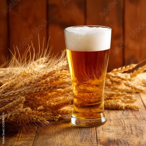 Craft Beer in a Glass With Wheat Stalks in Background on Wooden Table