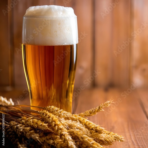Craft Beer and Wheat on a Wooden Table in a Cozy Setting With Warm Colors