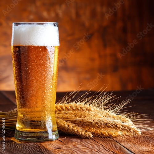 Craft Beer and Wheat on a Wooden Table in a Cozy Setting With Warm Colors