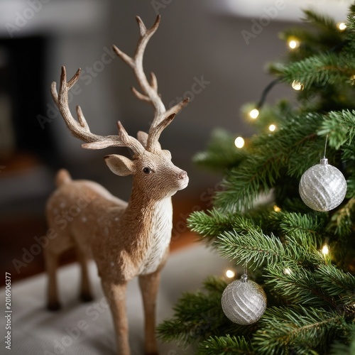 Decorative Reindeer Near Christmas Tree With Lights During Holiday Season