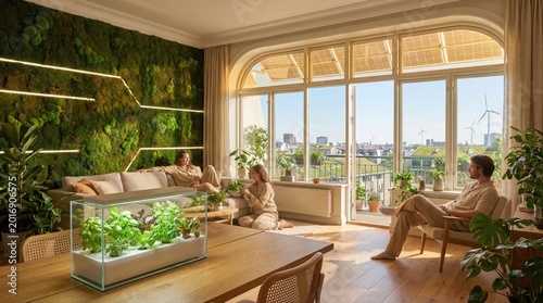 Sustainable living room with hydroponic garden and green wall. Eco urban home interior