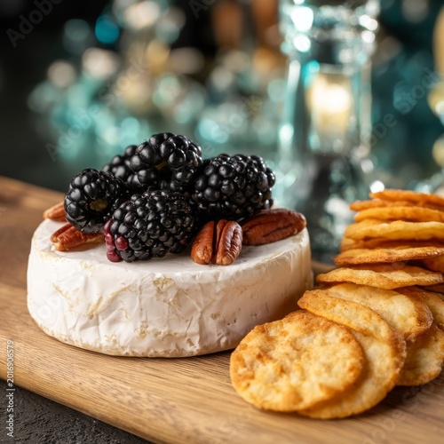 Cheese Round With Blackberries and Nuts on a Wooden Board With Crackers and C...