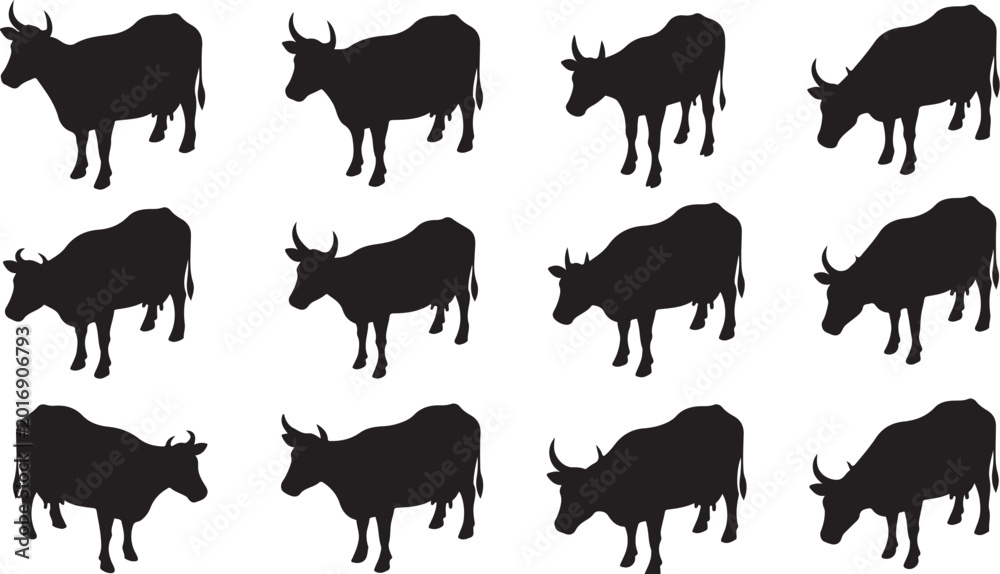 Fototapeta premium Black cow silhouettes on white background pattern design