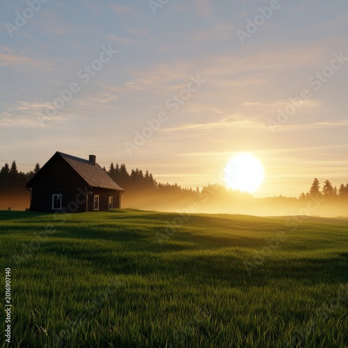 Sunrise Above a House in a Green Field With Mist in the Background