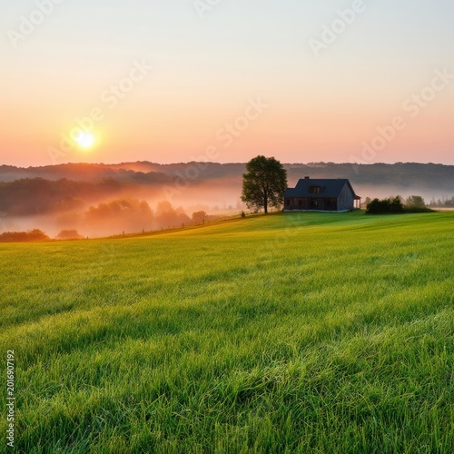 Sunrise Over a Red Barn in a Green Field With Trees in the Background