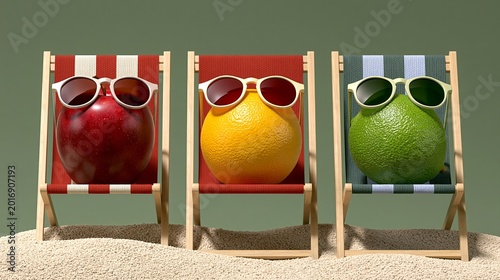 Three colorful fruit characters wearing sunglasses relax in beach chairs on sandy surface against a green background, evoking a playful summer vibe