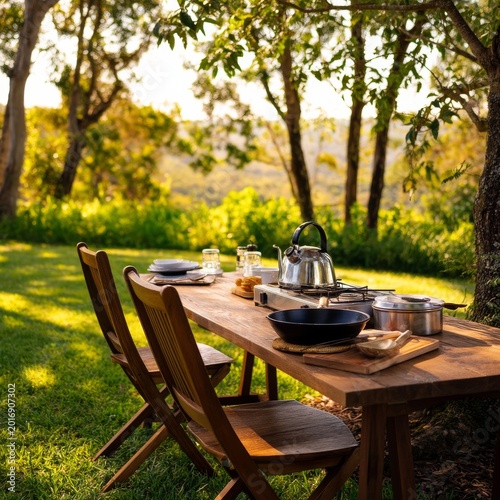 Cooking Outdoors Under Olive Trees at Golden Hour in an Open Field in the Cou...