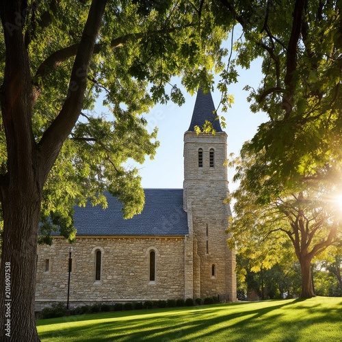 Church Surrounded by Trees Under Bright Sun in a Green Field on a Clear Day