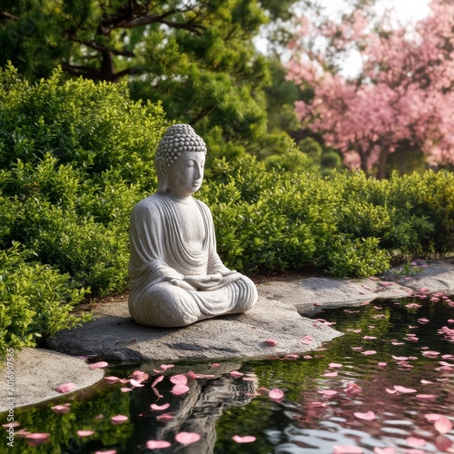Statue of Buddha Near a Pond With Cherry Blossom Trees in a Garden During Day...