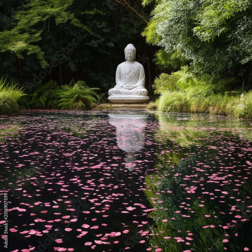 Statue of Buddha Near a Pond With Cherry Blossom Trees in a Garden During Day...
