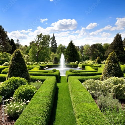 Beautiful Garden With Fountain and Neatly Trimmed Bushes in Sunny Weather