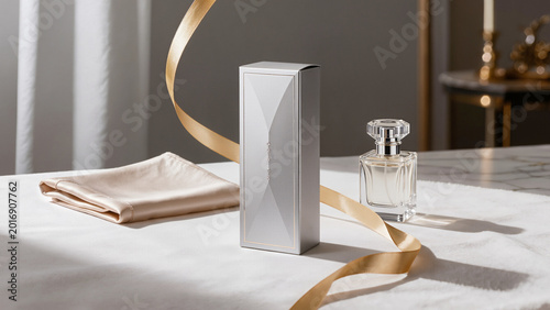 Luxury perfume box with gold ribbon.
​Elegant silver packaging on white silk.
​Sophisticated glass fragrance bottle in background.
​Premium cosmetic gift set arrangement.