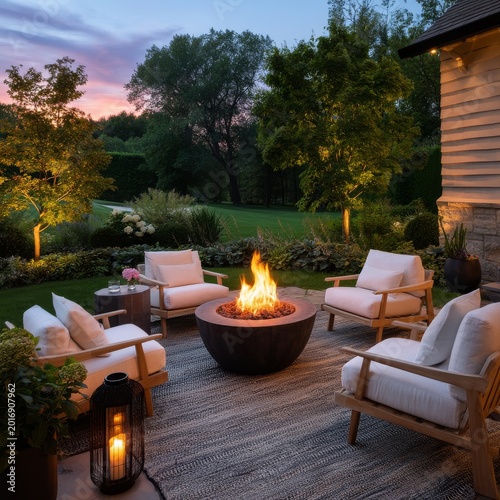 Fire Pit Area With Chairs and Trees in the Evening Light