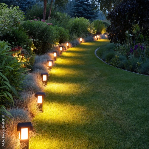 Pathway Lit by Lights in a Garden During Evening Hours in a Residential Backyard