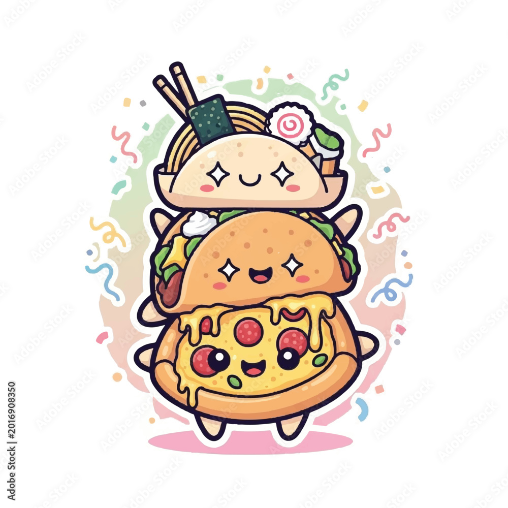 Fototapeta premium Adorable Stack of Kawaii Food Characters Ramen Taco and Pizza.