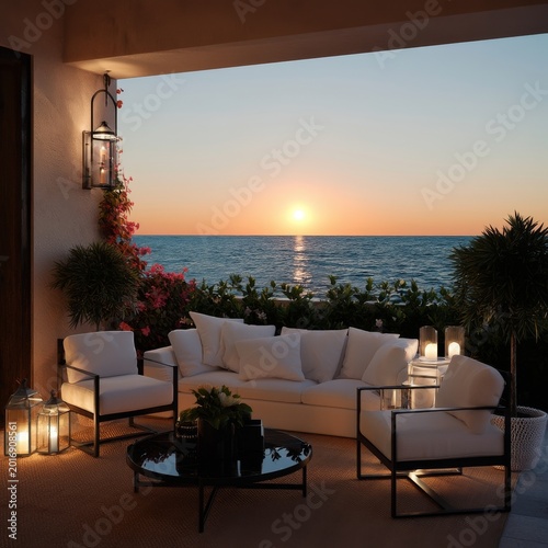 Sunset View From a Terrace Overlooking the Sea With Seating and Lanterns in t...