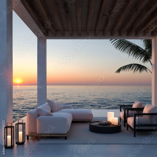 Sunset View From a Terrace Overlooking the Sea With Seating and Lanterns in t...