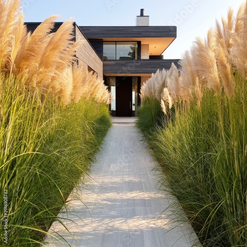 Walkway to a Modern House Surrounded by Tall Grass and Flowers in the Afterno...