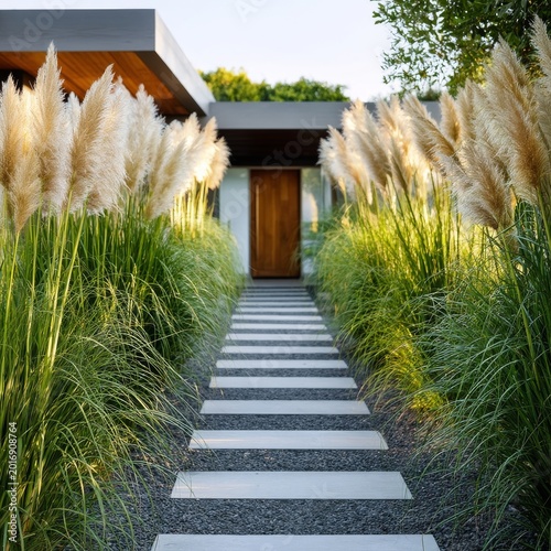 Walkway to a Modern House Surrounded by Tall Grass and Flowers in the Afterno...