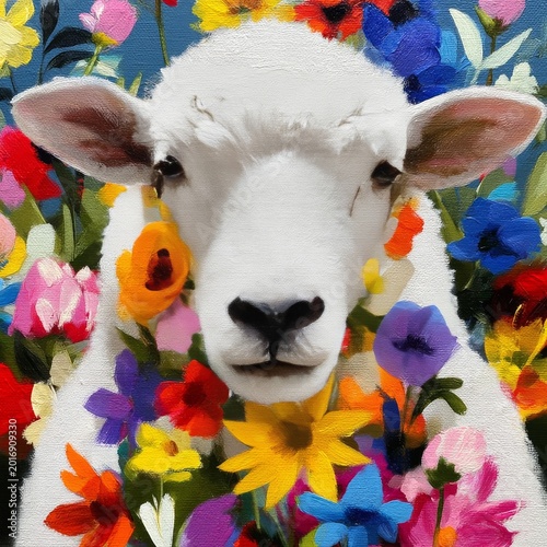 Sheep With Flowers on Its Face in Front of a Blue Background During a Sunny Day