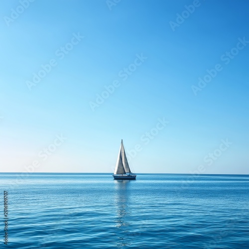 Sailboat Moves Across Calm Waters Under Clear Blue Sky in Sunny Weather
