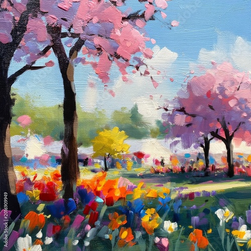 Bright Flowers Fill the Field With Blooming Trees in a Garden on a Sunny Day