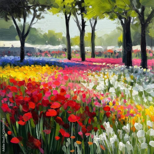Bright Flowers Fill the Field With Blooming Trees in a Garden on a Sunny Day