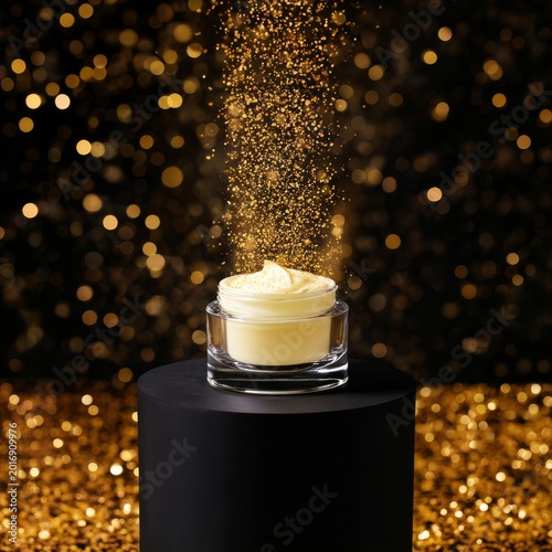 Cream in a Jar With Golden Particles Floating Above on a Dark Background in a...