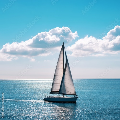 Sailboat Moves Across Water Under Bright Sky With Clouds in Midday Light