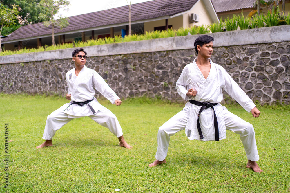 Fototapeta premium Asian Indonesian karate athletes practicing synchronized kata outdoors on grass