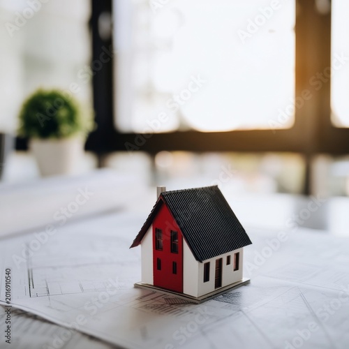 Model House Placed on Construction Plans With Sunlight Shining Through a Wind...