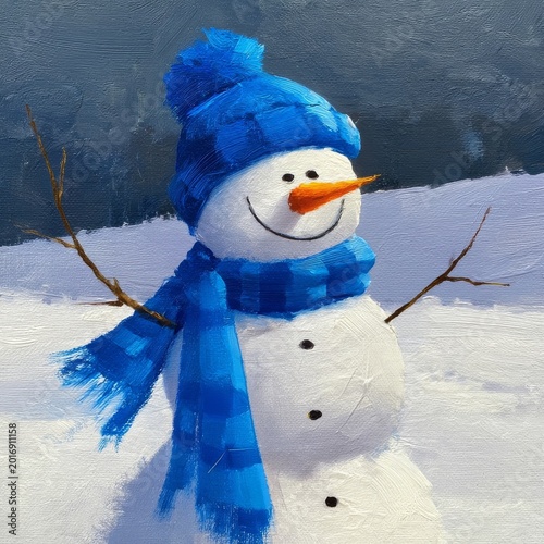 Snowman Stands in Snowy Landscape With Blue Accessories and Bright Orange Nos...