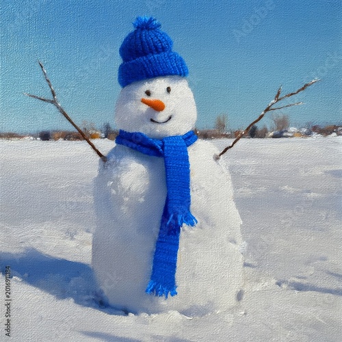 Snowman Stands in a Snowy Field Under a Clear Blue Sky During Winter