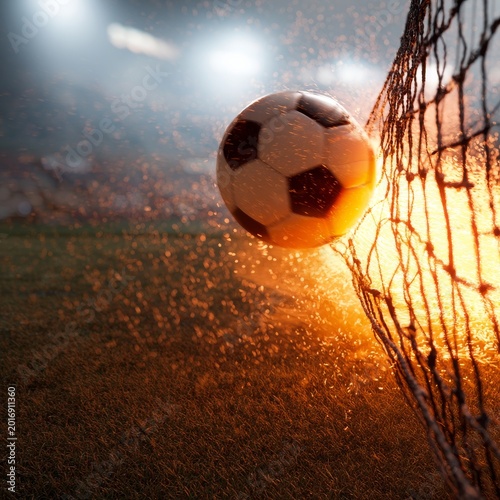 Soccer Ball Hits the Net and Creates Sparks During a Game in Daylight