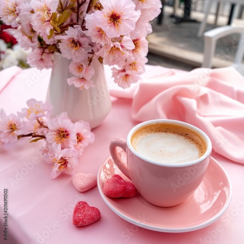 Spring Morning With Coffee and Flowers on a Pink Table Outdoors