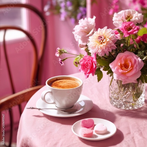 Enjoying Coffee With Flowers and Sweets at a Table in a Cozy Cafe During Morn...