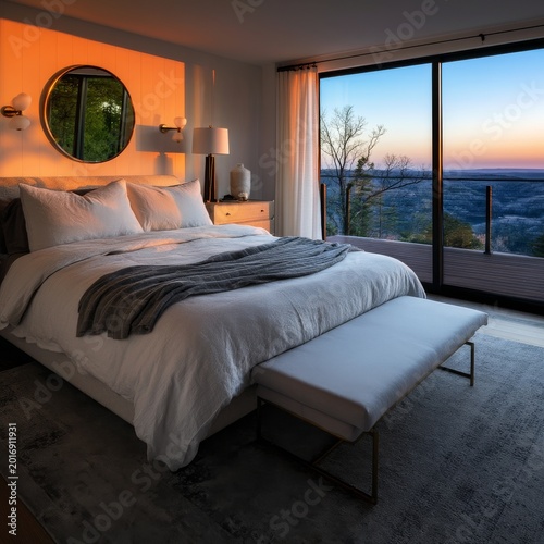 Cozy Bedroom With a View of Sunset in a Mountain Location During Evening Hours