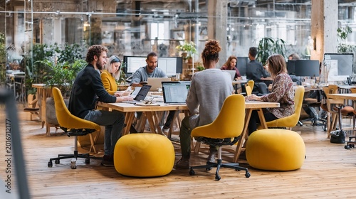 A diverse group of professionals collaborate in a bright, modern office space, featuring yellow seating and plants.