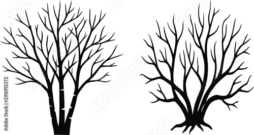 Fotografía Bare tree and bush silhouette vector illustration set for nature design