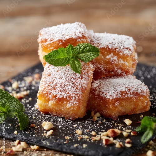 Sweet Dessert Stack on Black Surface With Mint and Nuts in a Cozy Setting