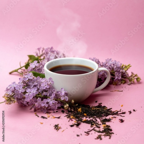 Coffee Cup With Lilac Flowers and Tea Leaves on a Pink Background in the Morn...